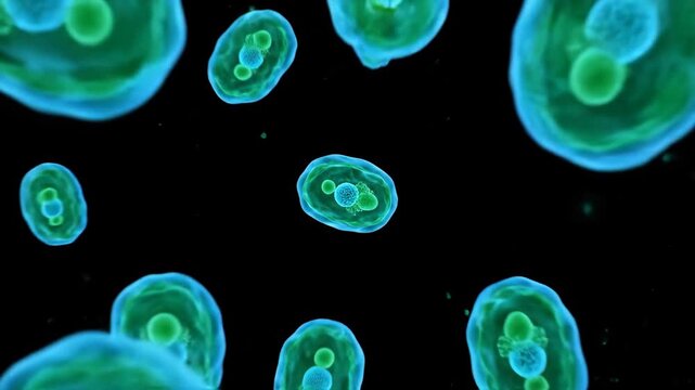 Vibrant microscopic cell with nucleus and organelles on a dark background.