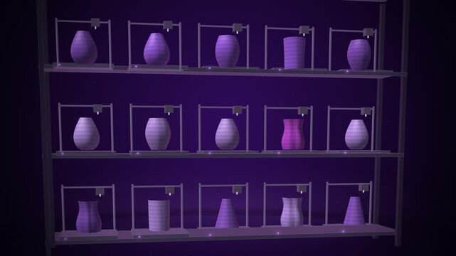 Purple 3d printers on shelving rack with finished vases seamless loop