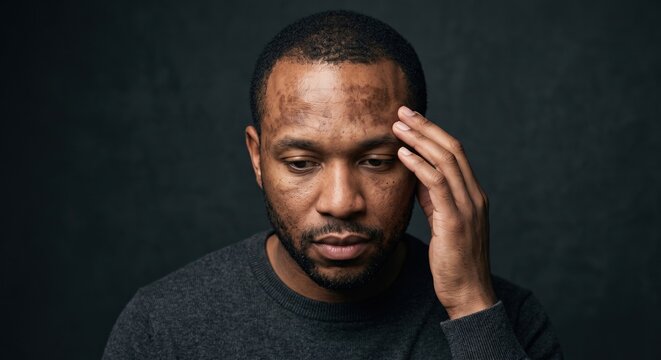Portrait of a concerned Black man with visible melasma and dark hyperpigmentation patches on his forehead
