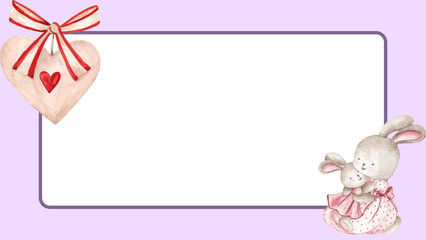 Tender watercolor illustration featuring sweet rabbits embracing by a lovely heart accent and an elegant blank frame, perfect for gentle messages or loving greetings © Senandung
