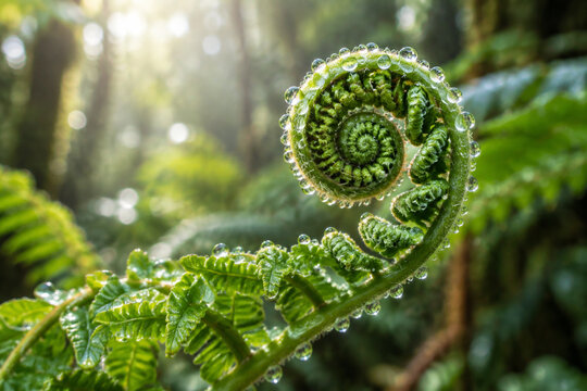 Silver fern frond unfurling with dewdrops in a rainforest.