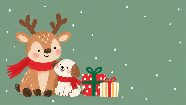 Cute reindeer and puppy with Christmas gifts in snowy winter scene
