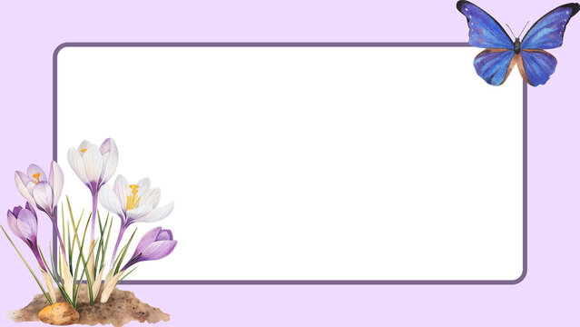 Delicate spring frame with blooming crocus flowers and a flying blue butterfly, offering a serene nature-inspired border for heartfelt messages, invitations, and elegant designs