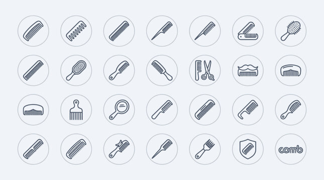 Set of professional hair comb and brush icons.