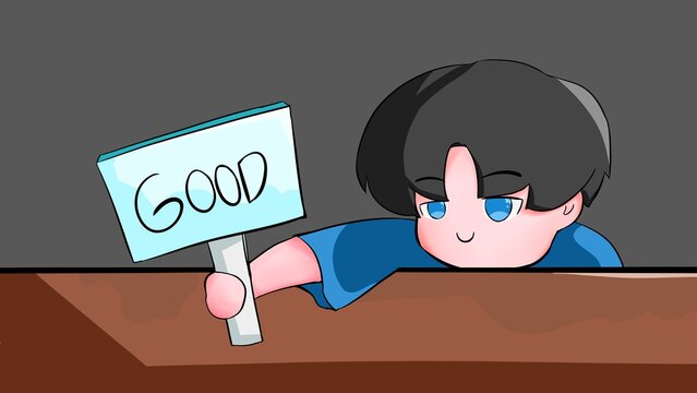 cute anime boy character holding a sign boart with "good" text from under the table illustration