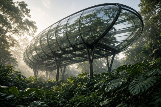 Futuristic Glass Greenhouse Structure in Lush Tropical Jungle