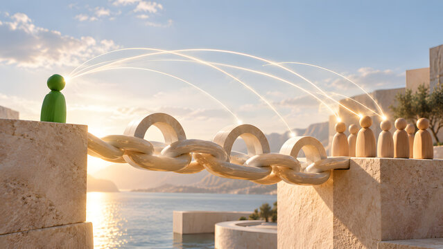 Remote leadership and distant team communication bridging the gap with glowing connections over strong architectural chain link