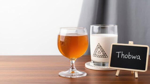 Chilled Amber Thobwa Fermented Maize Drink in Stemware with Coaster and Chalkboard Sign