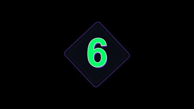 3D Cricket Number Six Digit Broadcast Event Lower Third Diamond Shield High Voltage Neon Lime Ultra Violet Big Hit Shot Maximum Ultra Bold Scale Screen Overlay Animation 6 Seconds in 4K UHD Alpha Tran