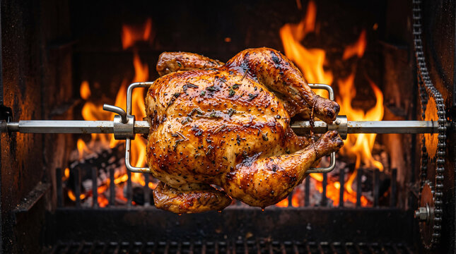 Whole seasoned chicken roasting on a motorized metal spit over open flames inside a backyard barbecue grill
