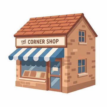 Brick Corner Shop with Blue Striped Awning and Orange Tiled Roof