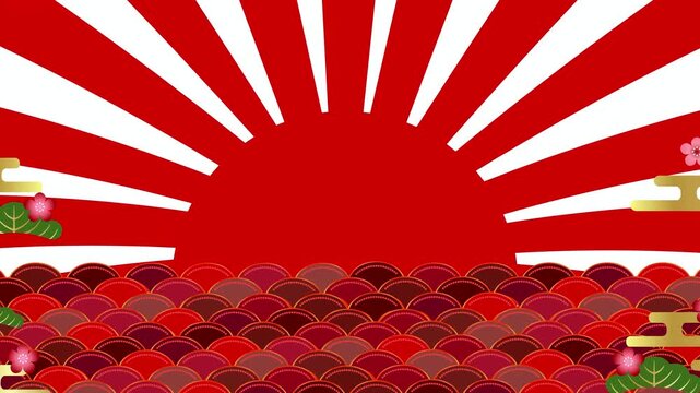 Rising sun over traditional Japanese waves 4K