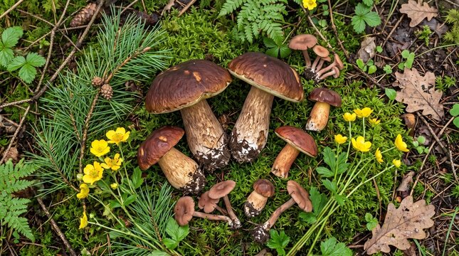 Wild porcini mushrooms growing on a lush green forest moss floor with pine needles and yellow flowers viewed from above