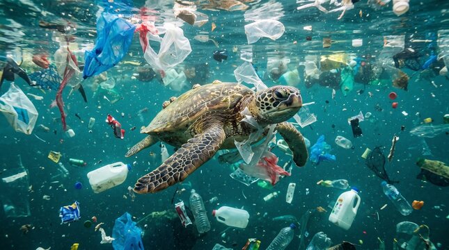 Sea turtle swimming through polluted ocean filled with plastic waste