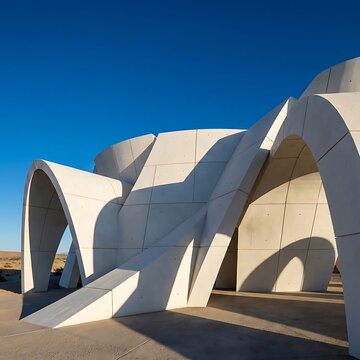 Futuristic Modern White Concrete Pavilion with Parabolic Arches and Minimalist Geometric Design against Clear Blue Sky in Arid Desert Landscape