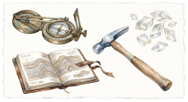 Watercolor Antique Brass Clinometer Compass with Geologist Notebook and Calcite Clipart