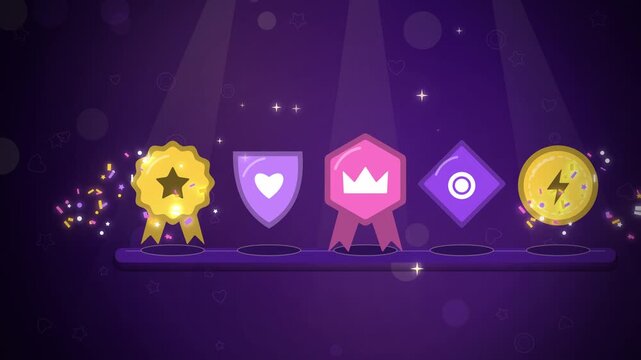 Achievement badges with star heart crown and lightning seamless loop