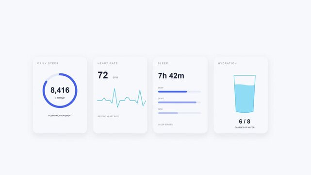 Health tracker app dashboard with daily steps goal ring, heart rate, sleep time and water intake cards on white background