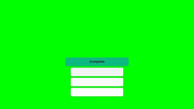 Animated digital registration form user interface with white input fields and a complete button on a green screen background for chroma key editing, online application and web sign up concept