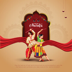 Obraz na płótnie Canvas Premium Navratri festival illustration. traditional Dandiya dancers, Goddess Durga backdrop, elegant mandala patterns, flowing red ribbons, and warm festive tones, perfect for cultural celebration