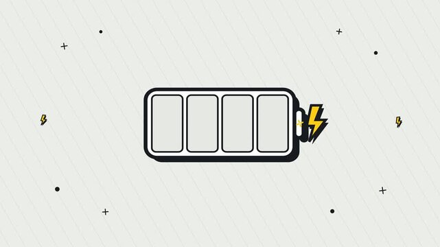 Chunky flat rounded battery icon draining through four segments, shuddering at critical level, and recharging with snappy bouncy motion on subtle lined background.
