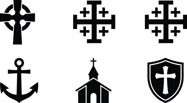 Christian crosses and religious icons set with Celtic cross Jerusalem cross church anchor and faith shield vector illustration