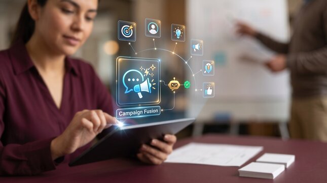 Female Copywriter Using AI Holographic Campaign Fusion Interface on Tablet to Streamline Marketing Direction in Agency Studio