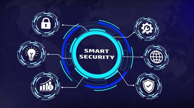 Advanced smart security digital interface featuring animated hud global network connectivity cyber protection shields, and data analytics graphs for modern corporate cybersecurity solutions