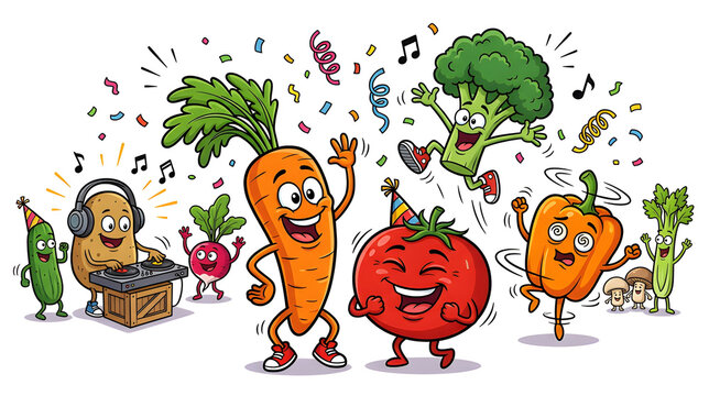 Funny vegetables having a wild party, dancing carrot, laughing tomato, jumping broccoli and spinning pepper, joyful expressive faces, colorful surreal cartoon illustration, clean white background