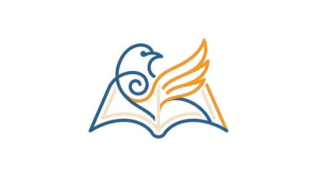 Minimalist vector line art logo design of an eagle bird integrated with an open book symbol representing education knowledge and freedom