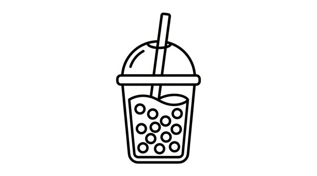 Bubble tea icon, line art illustration of a sweet beverage with tapioca pearls and straw in a transparent cup, simple vector graphic for food and drink concepts.