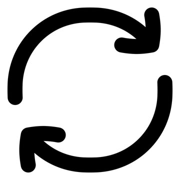 Two opposing arrows form a circular loop, communicating synchronization, repeated retrieval, or refreshing data across application screens and real time dashboards.