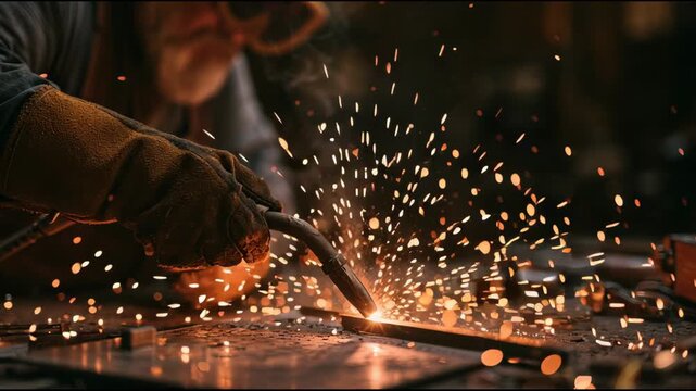 A person welds metal, creating bright sparks in a workshop setting filled with tools and equipment. The action shows focused craftsmanship.