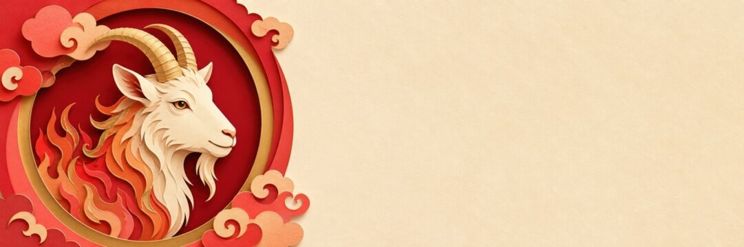 Paper cut style goat head in a circular frame with flames. Chinese New Year 2027 zodiac symbol on a beige background. Festive holiday banner with copy space