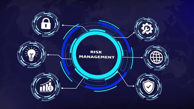 Dynamic risk management digital interface featuring animated hud cyber security financial growth graphs, and global network connectivity for corporate business strategy and data analytics