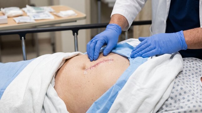Doctor examining a surgical incision on a patient's abdomen in a hospital setting.