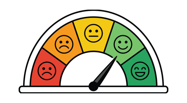 Colorful customer satisfaction gauge with emotional rating scale. Happy and unhappy face meter for feedback, survey results, customer experience, service evaluation, and mood analysis.