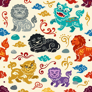 Seamless pattern with colorful Chinese guardian lions and clouds