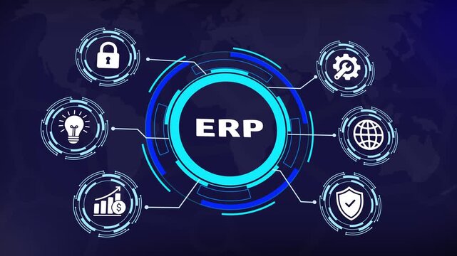Enterprise resource planning erp system concept with digital infographic for business management, data integration, workflow automation, and corporate strategy optimization in a modern tech interface