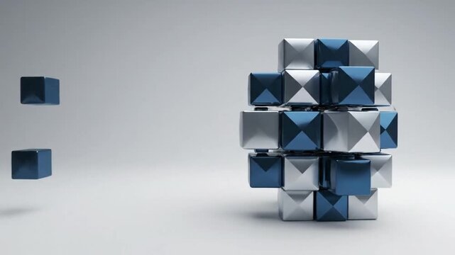 Abstract geometric structure made of metallic blue and silver cubes floating in minimal studio space