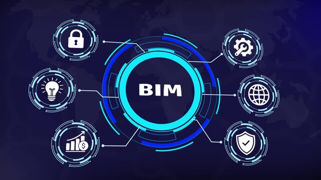Building information modeling bim digital technology concept with animated hud interface global construction data management, architectural engineering software solutions, and futuristic data