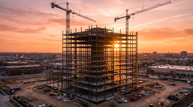 Large building under construction with tower cranes at sunset in a