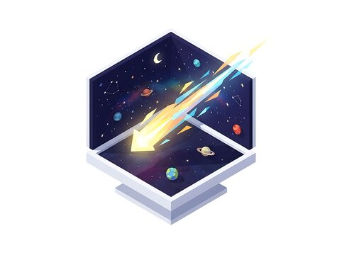 Cosmic scene with falling star inside isometric cube