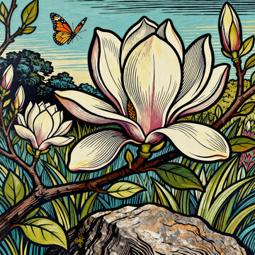 Woodcut Print of Magnolia and Butterfly
