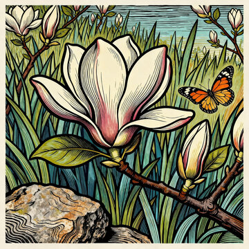 Woodcut Print of Magnolia and Butterfly