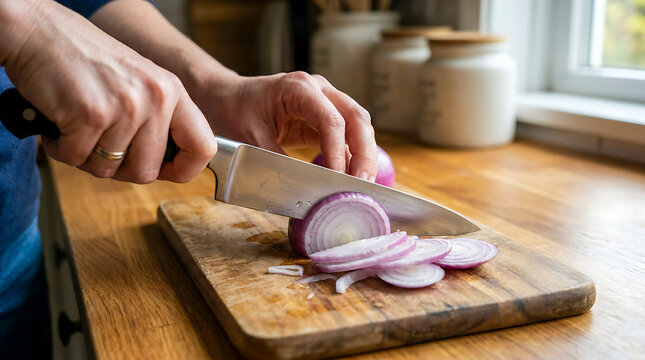 A close-up photo of a woman slicing a fresh onion on a wooden cutting board.