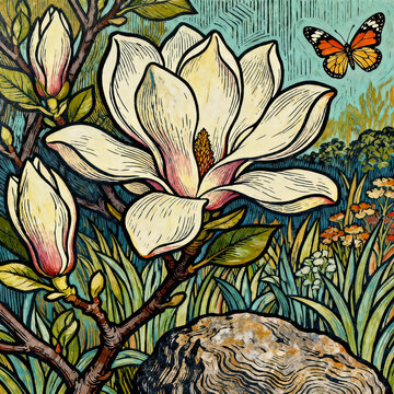 Woodcut Print of Magnolia and Butterfly