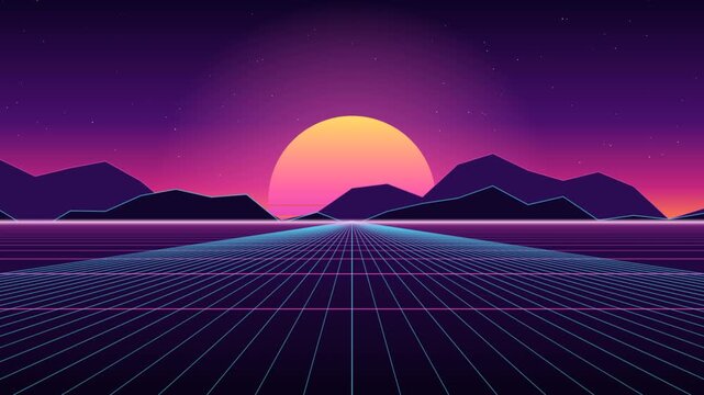 Synthwave outrun sunset retro grid landscape loop
