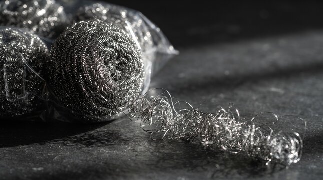 Metallic scouring pad made of intertwined stainless steel wire threads packaged inside clear plastic wrap sitting neatly upon a dark textured surface indoors