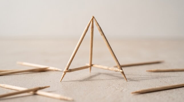 Minimalist pyramid structure carefully balanced using wooden toothpicks on a light neutral tabletop captured from eye level with soft natural lighting and shadows
